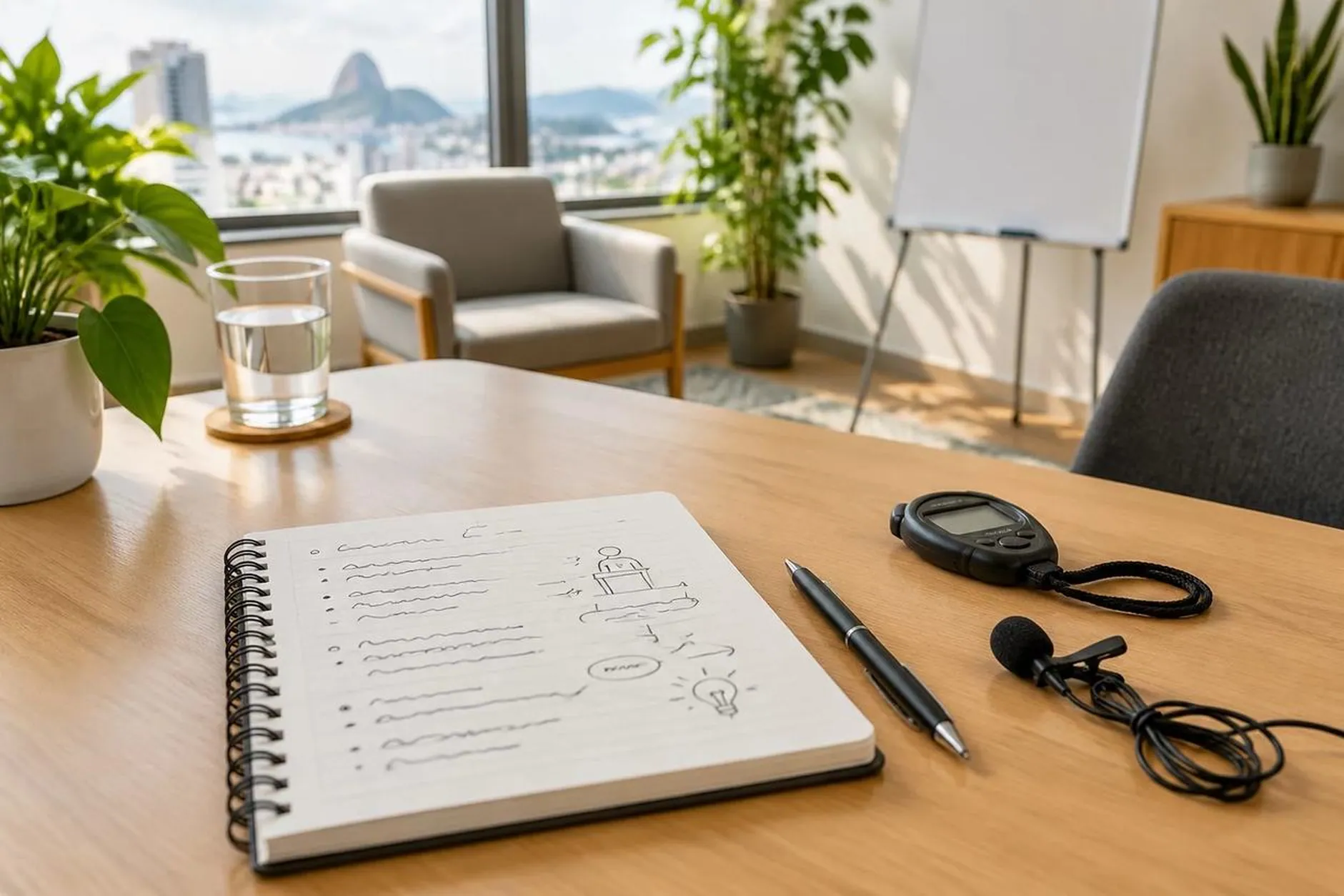 Anotações de roteiro, cronômetro e microfone sobre a mesa de trabalho